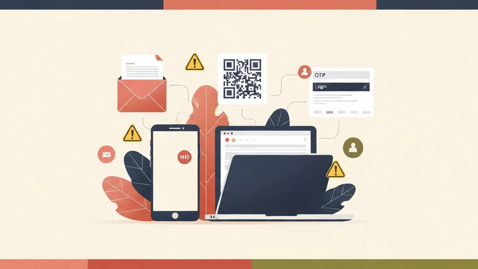Illustrazione editoriale con smartphone, laptop, codice QR e segnali di allerta che rappresentano i diversi canali del phishing.