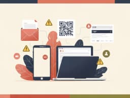 Illustrazione editoriale con smartphone, laptop, codice QR e segnali di allerta che rappresentano i diversi canali del phishing.