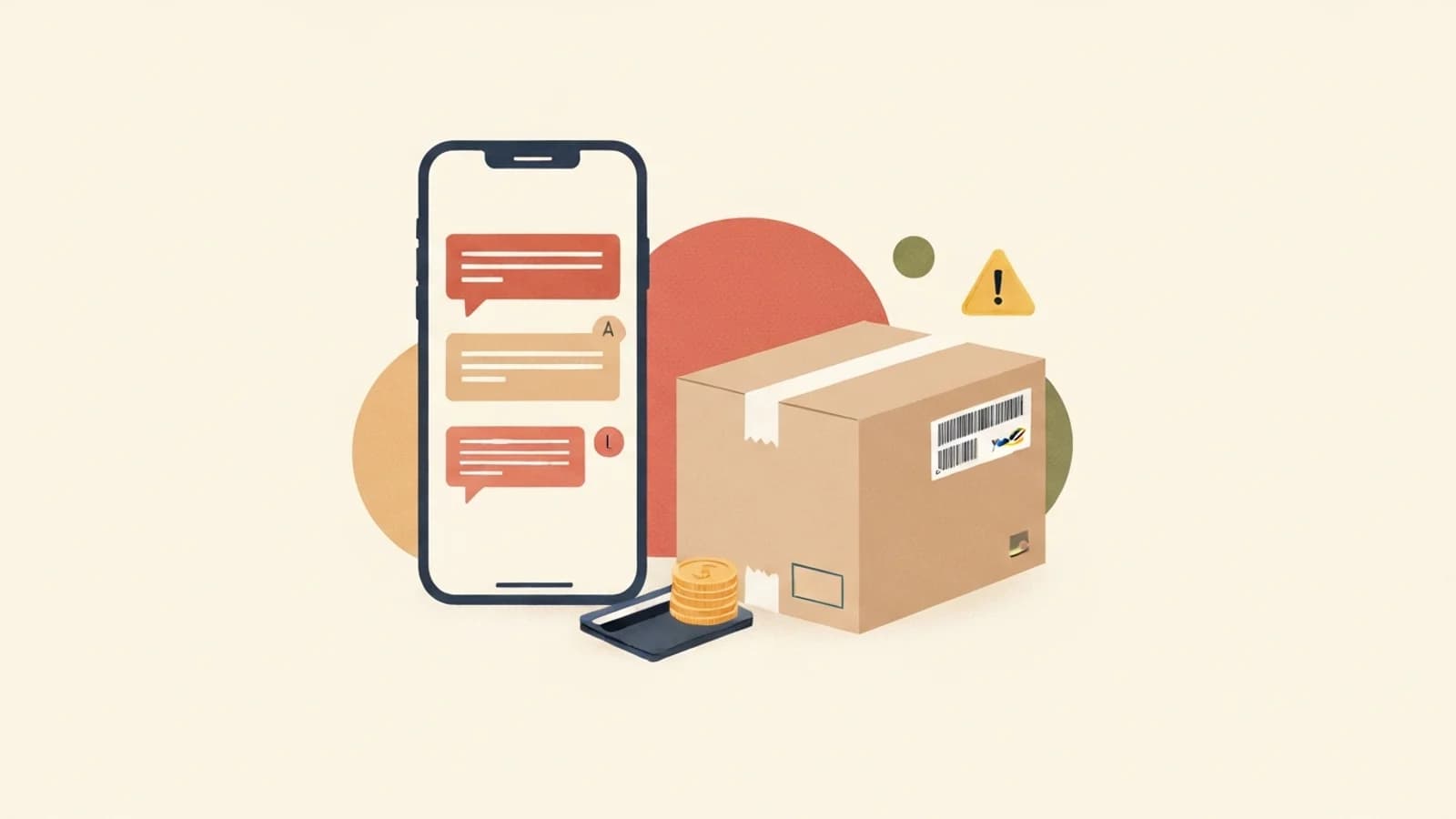 Illustrazione editoriale con smartphone, pacco e richiesta di pagamento sospetta legata a una falsa consegna.