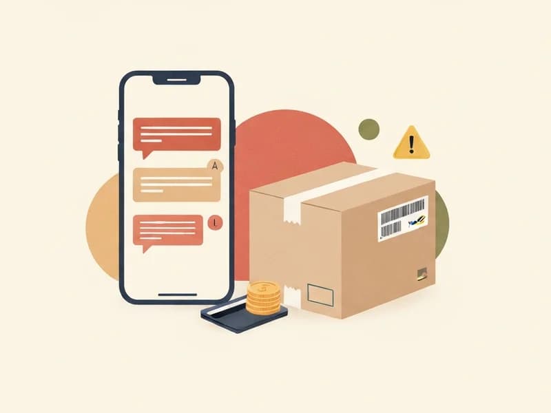 Illustrazione editoriale con smartphone, pacco e richiesta di pagamento sospetta legata a una falsa consegna.