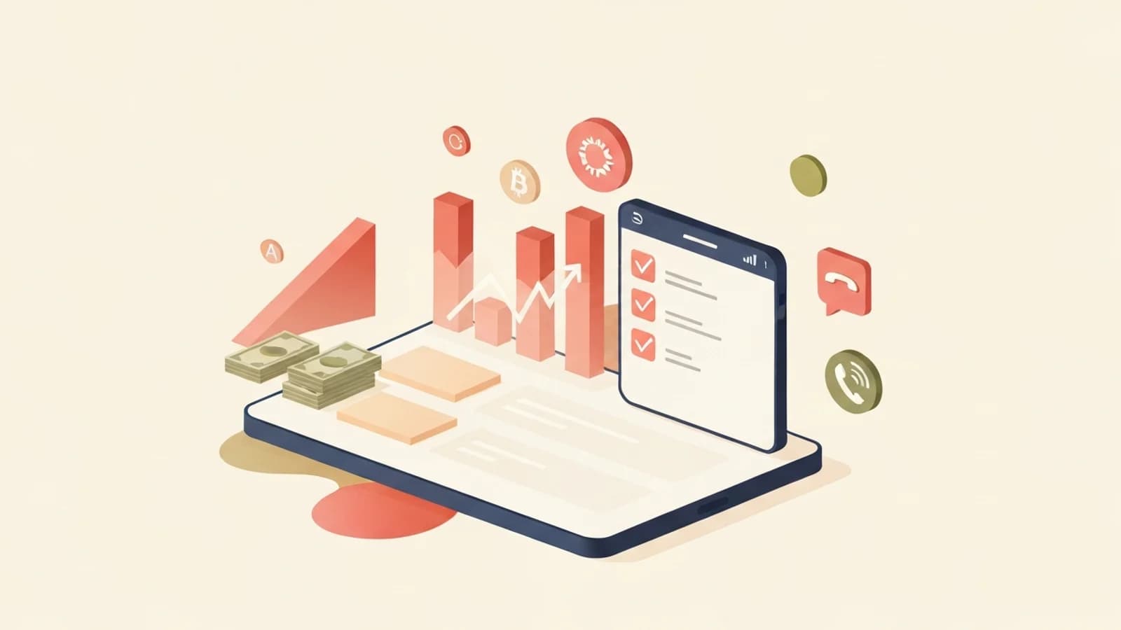 Illustrazione editoriale di una dashboard di guadagni sospetti con grafici, wallet e checklist di task.