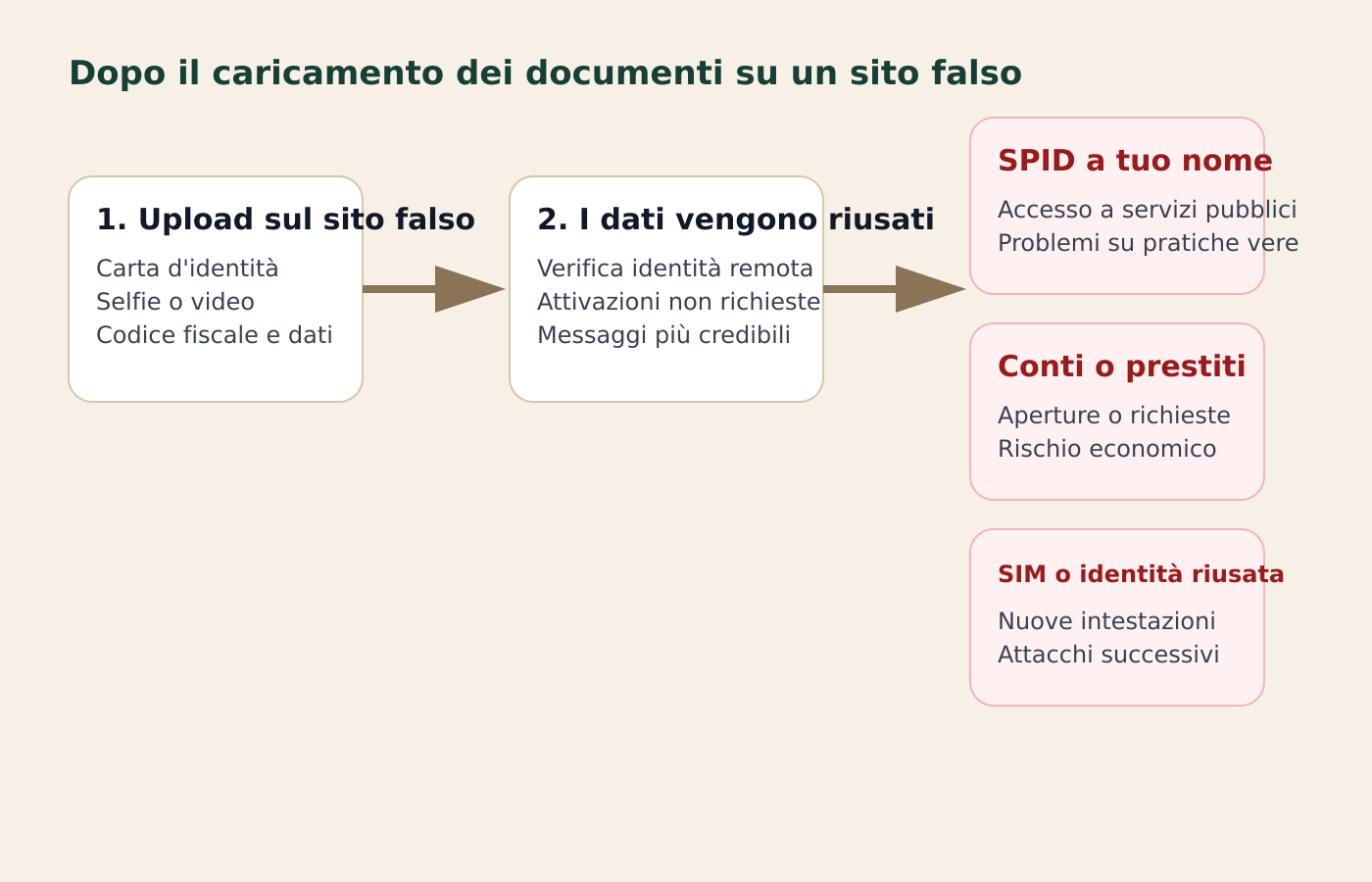 Diagramma dei rischi dopo il caricamento di documenti su un sito falso: riuso dei dati per SPID, conti o SIM intestate