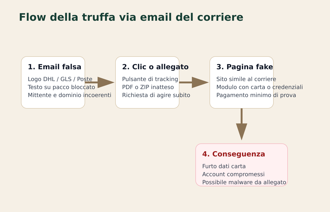 Diagramma del flusso di una email falsa del corriere: messaggio phishing, clic o allegato, pagina fake e furto di dati