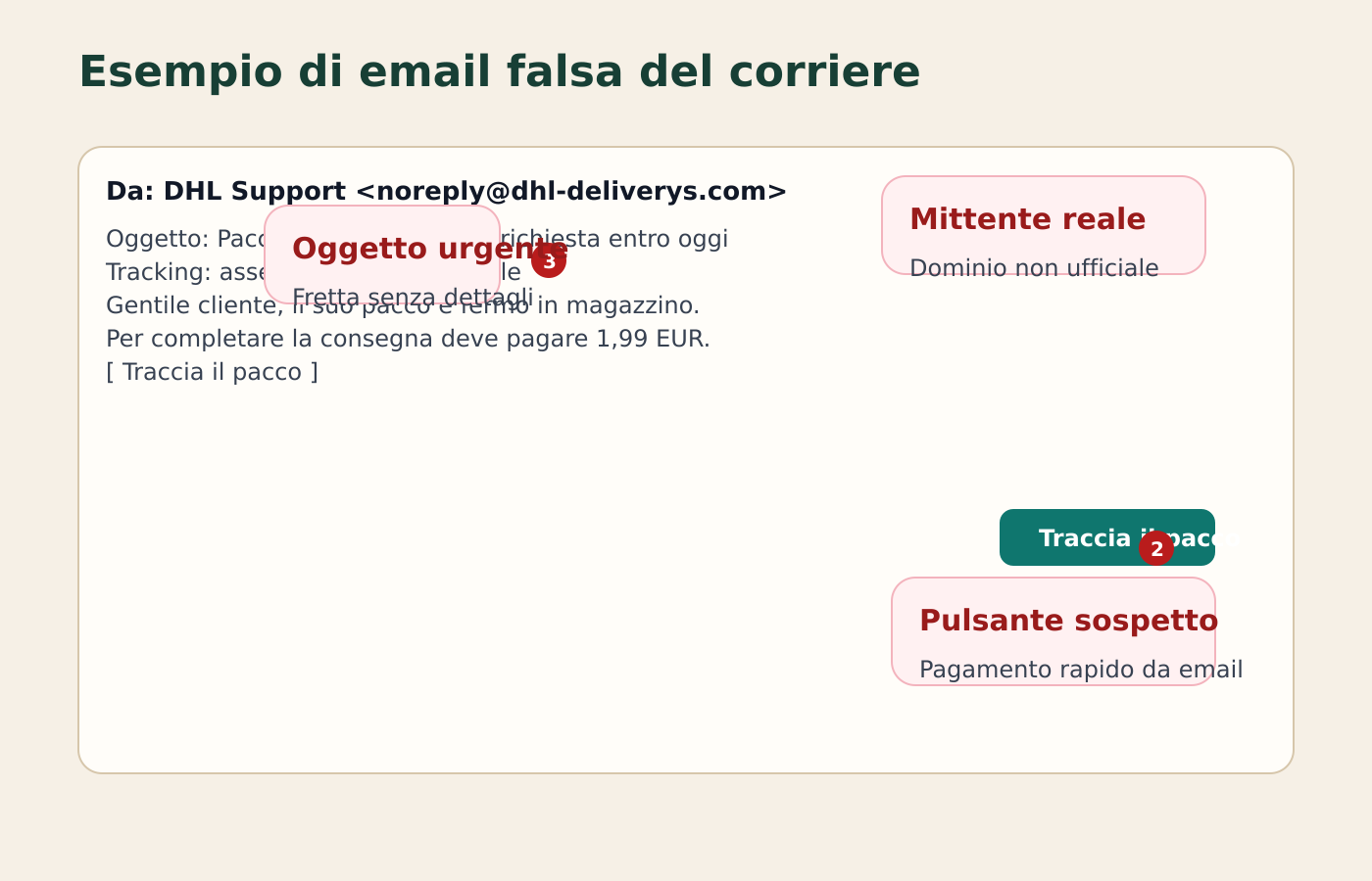 Mockup di email falsa del corriere con mittente non ufficiale, oggetto urgente e pulsante di tracciamento sospetto